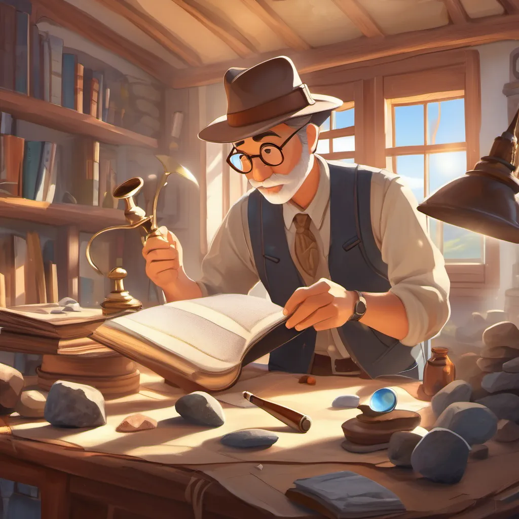 An animated geologist with a brown fedora, a magnifying glass, and a satchel full of rocks looking triumphant in his study, with the bright sun shining through the window.