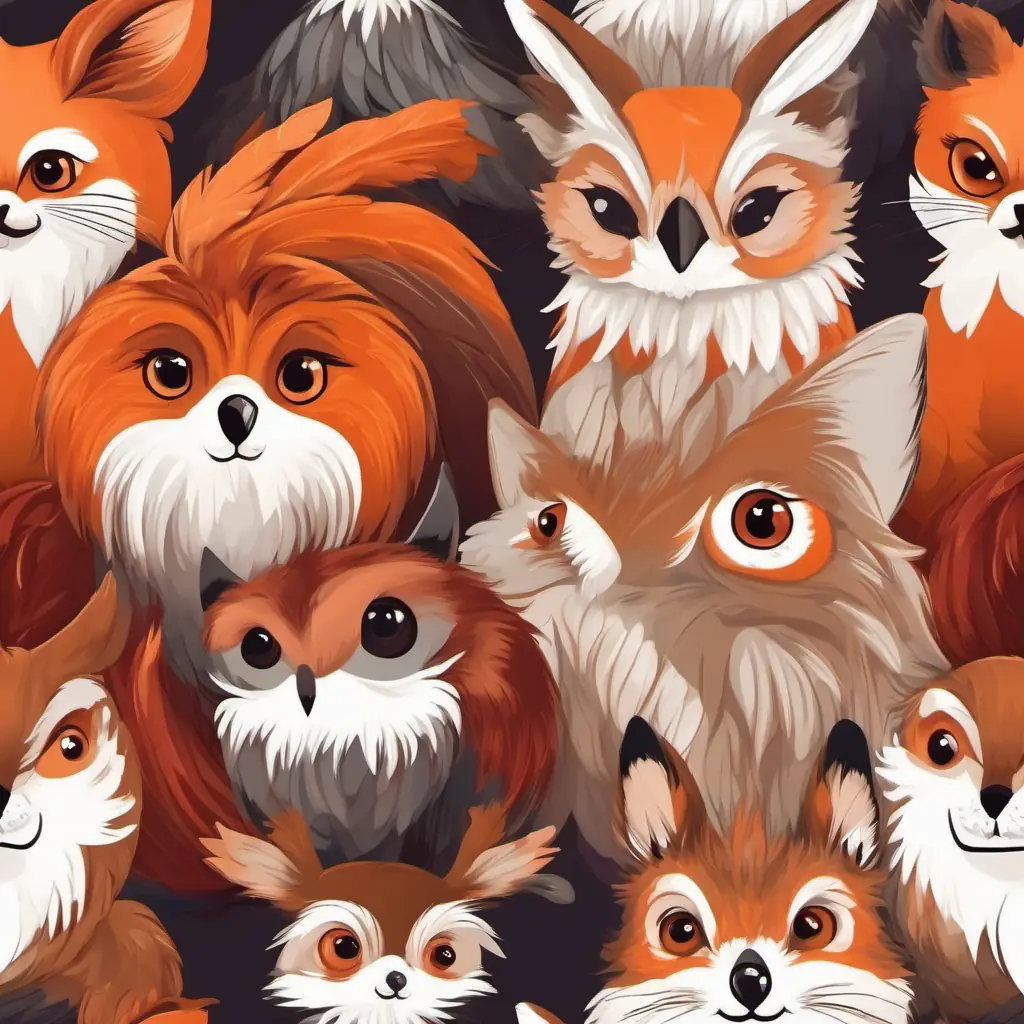 Bunny with soft brown fur and big curious eyes is a bunny with brown fur and curious eyes. Fox with fiery red fur and a mischievous grin is a fox with red fur and a mischievous grin. Wise old owl with white feathers is an owl with white feathers.