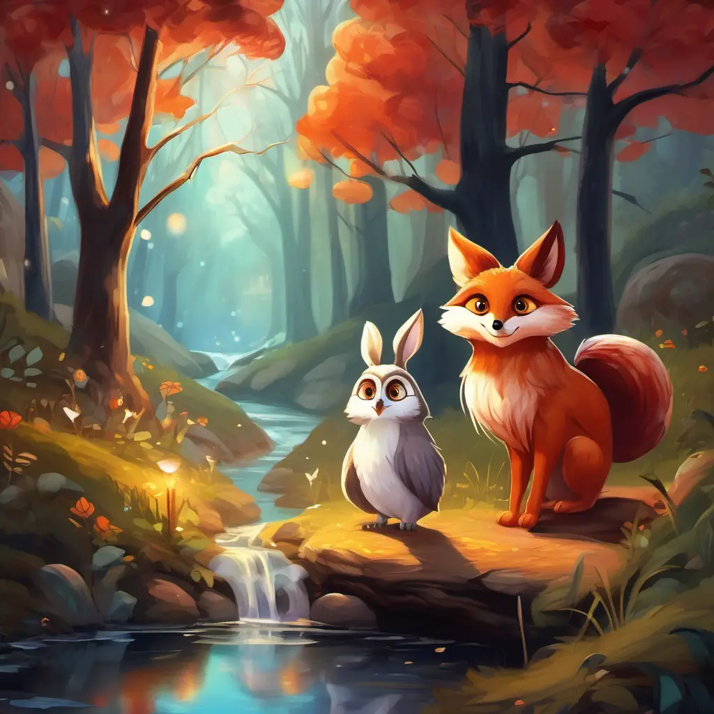 Bunny with soft brown fur and big curious eyes, Fox with fiery red fur and a mischievous grin, and Wise old owl with white feathers are playing near a sparkling stream. They find a hidden path and decide to follow it to explore the forest.