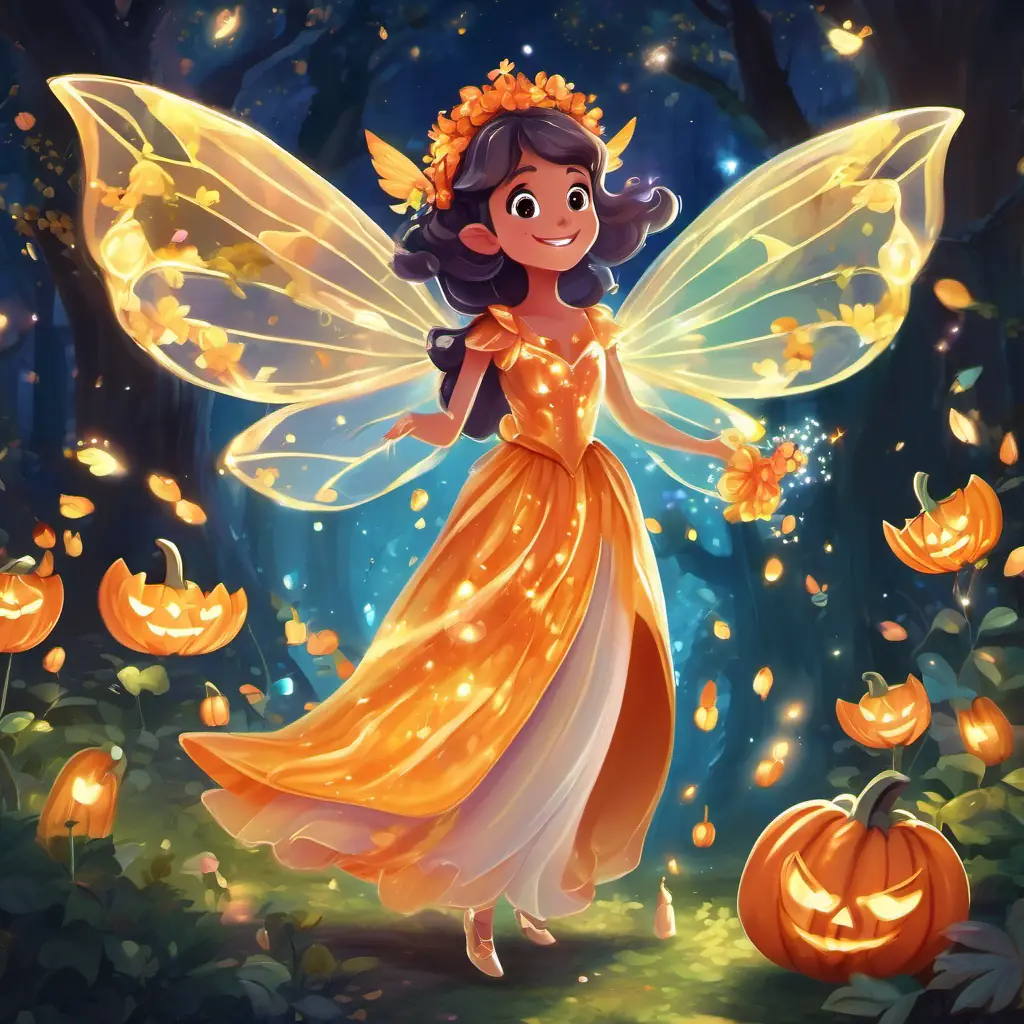 Magical fairy with sparkling wings, a gown made of petals, and a radiant smile, the fairy, tells the friends about the spell on the enchanted forest. They need to find a sparkling gem to break it.