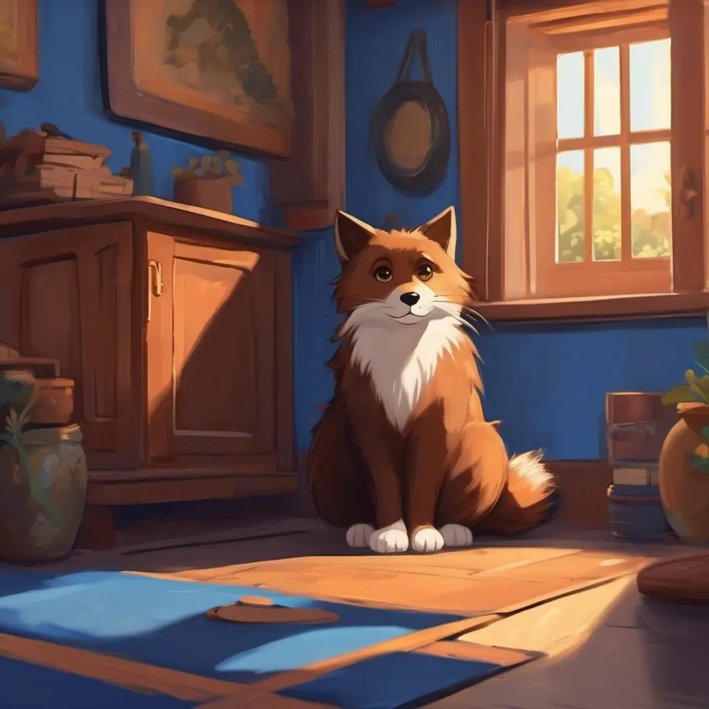 Brown fur, warm brown eyes, small and energetic is curious about his home, the blue house.