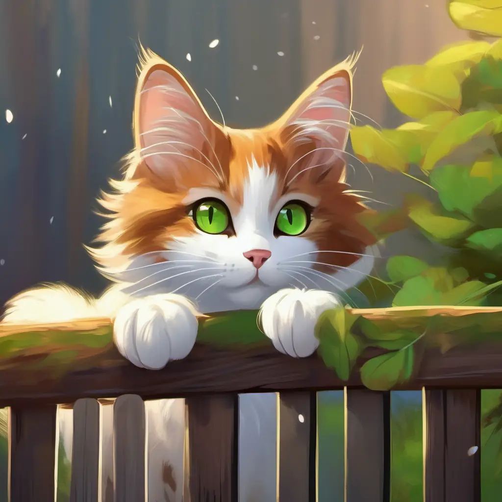 Brown fur, warm brown eyes, small and energetic notices a cat, White fur, bright green eyes, slender and graceful, on the fence.