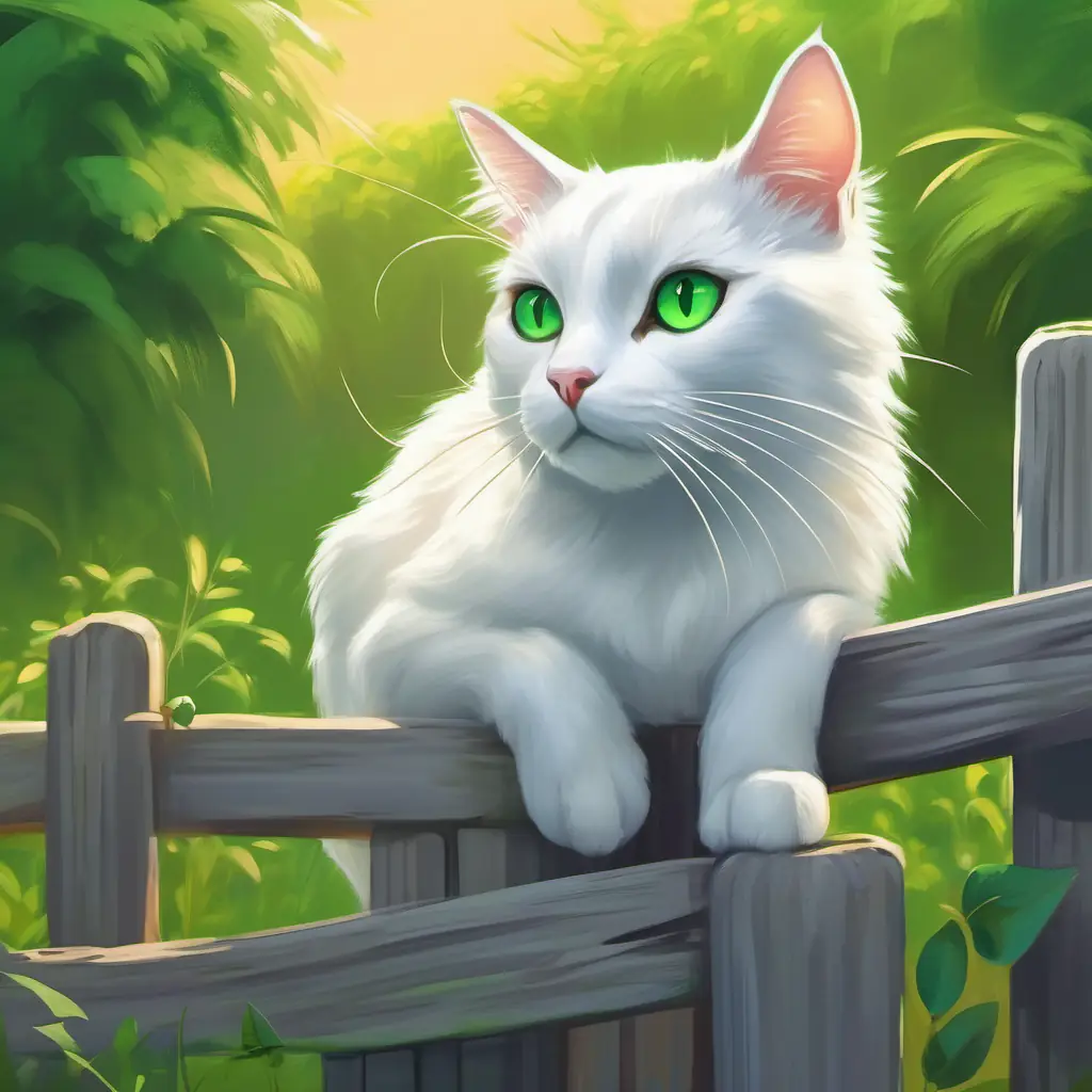 Describing White fur, bright green eyes, slender and graceful, the white cat sitting on the fence.