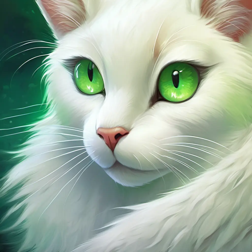 White fur, bright green eyes, slender and graceful communicates, seems shy but remains in place.