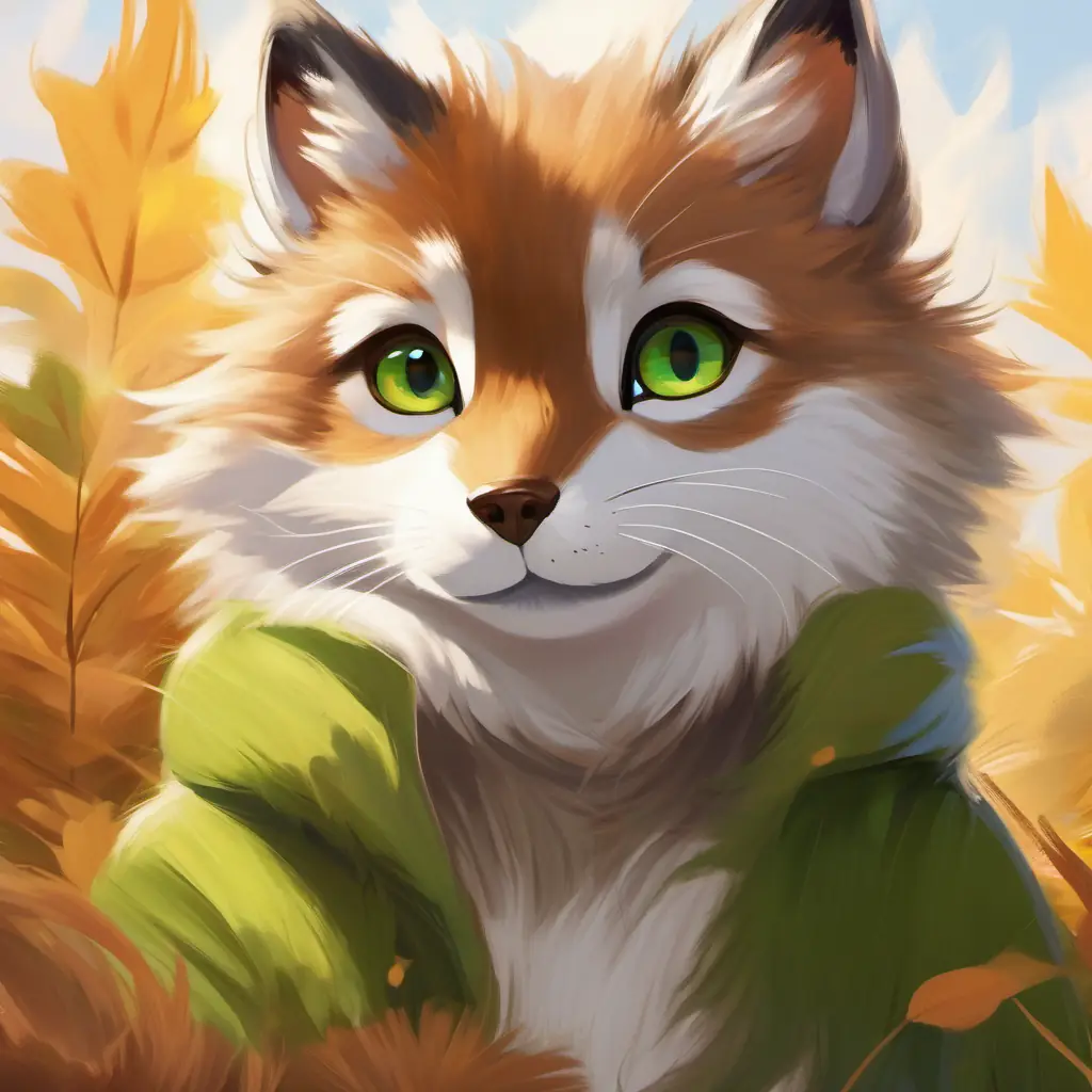 Brown fur, warm brown eyes, small and energetic approaches White fur, bright green eyes, slender and graceful carefully, showing friendliness.
