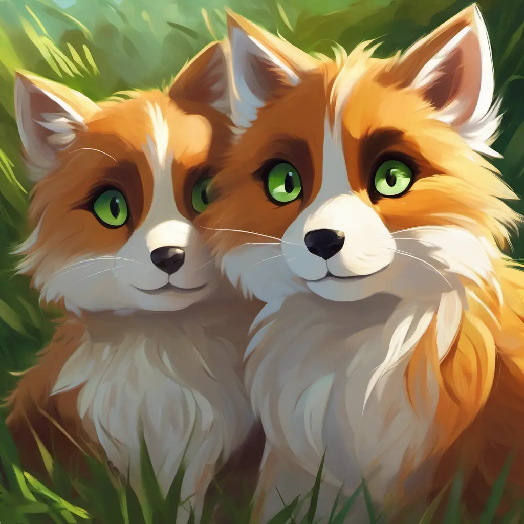 Brown fur, warm brown eyes, small and energetic and White fur, bright green eyes, slender and graceful begin to play, warming up to each other.