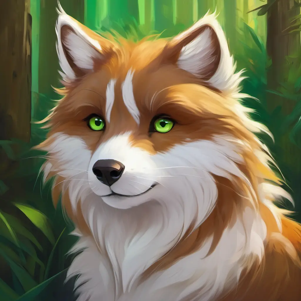 Brown fur, warm brown eyes, small and energetic reflects on his new friendship with White fur, bright green eyes, slender and graceful.