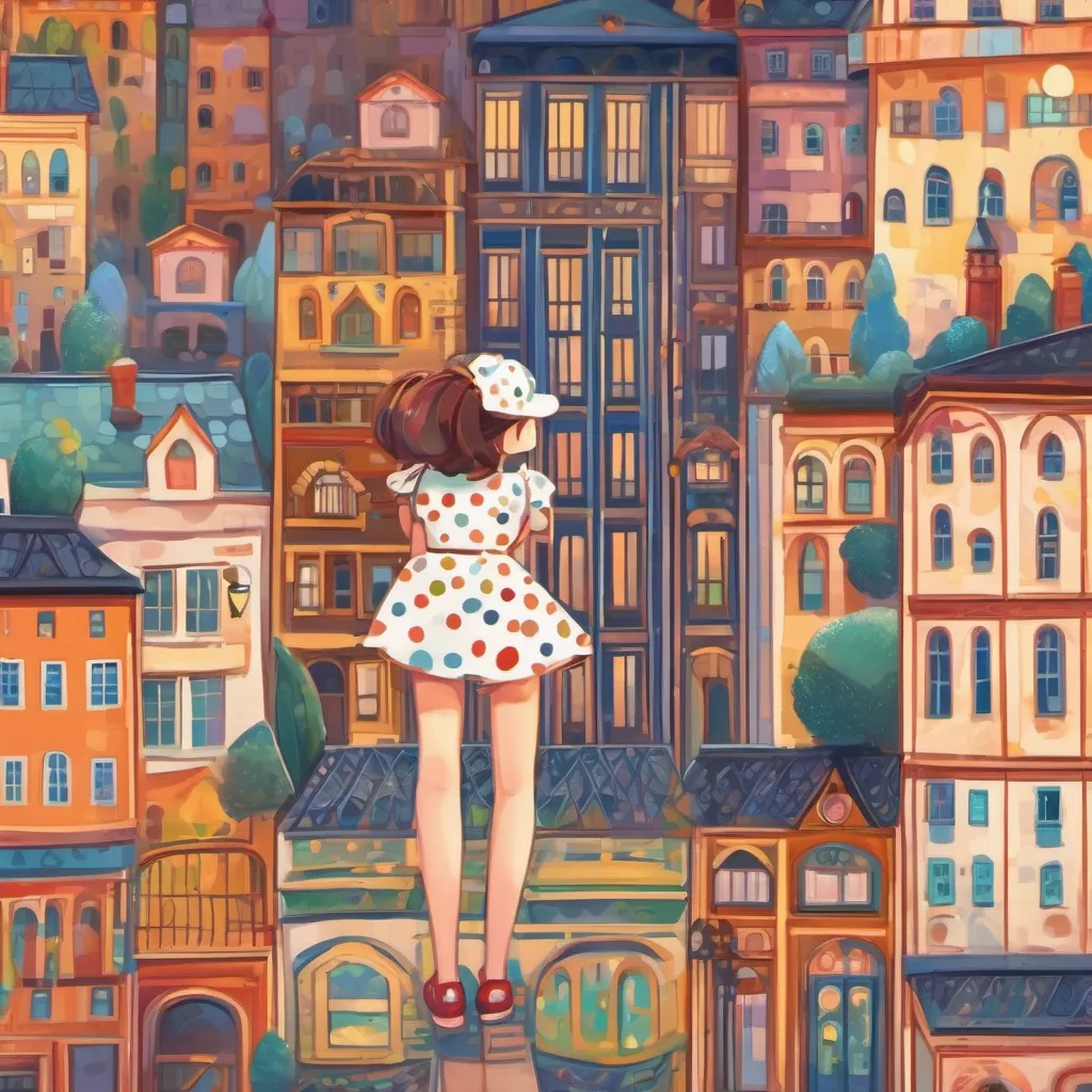 A girl in a whimsical town filled with colorful buildings, wearing a polka-dot dress and bright shoes, standing in front of a cheerful school.