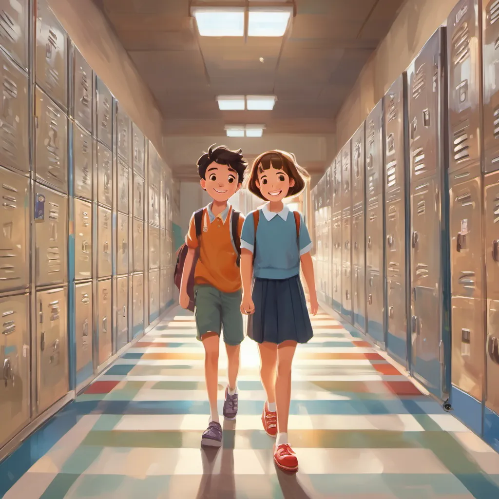 A boy named A boy with a cheerful expression, loving art with a happy expression meeting A cheerful girl with a polka-dot dress and bright shoes in a high school hallway filled with lockers and students.