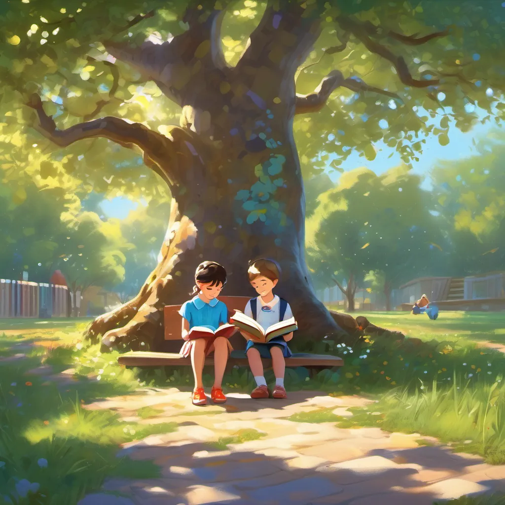 A cheerful girl with a polka-dot dress and bright shoes reading a book and A boy with a cheerful expression, loving art painting under an oak tree in a schoolyard with sunlight streaming through.