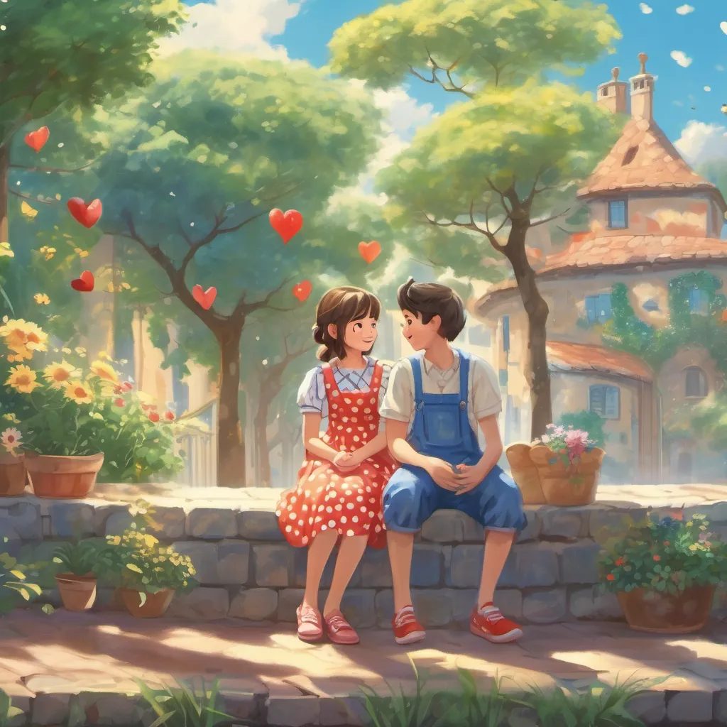 A cheerful girl with a polka-dot dress and bright shoes and A boy with a cheerful expression, loving art sitting under a blue sky, looking at each other with hearts in their eyes, making a promise.