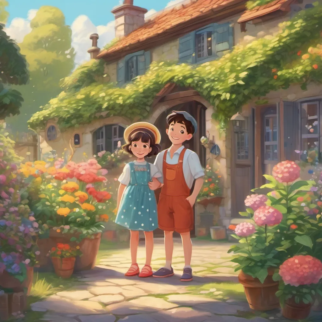 A cheerful girl with a polka-dot dress and bright shoes and A boy with a cheerful expression, loving art in a cozy cottage surrounded by a beautiful garden.