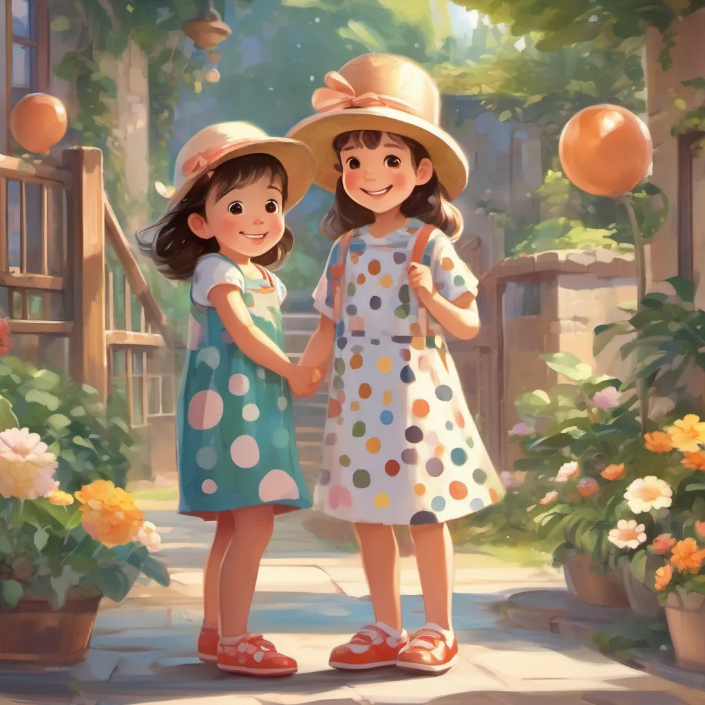 A cheerful girl with a polka-dot dress and bright shoes and A boy with a cheerful expression, loving art with a baby named A bright-eyed child with a joyful smile in a bright, joyful nursery.