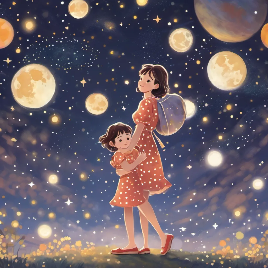 A cheerful girl with a polka-dot dress and bright shoes holding twin babies under a night sky filled with stars.