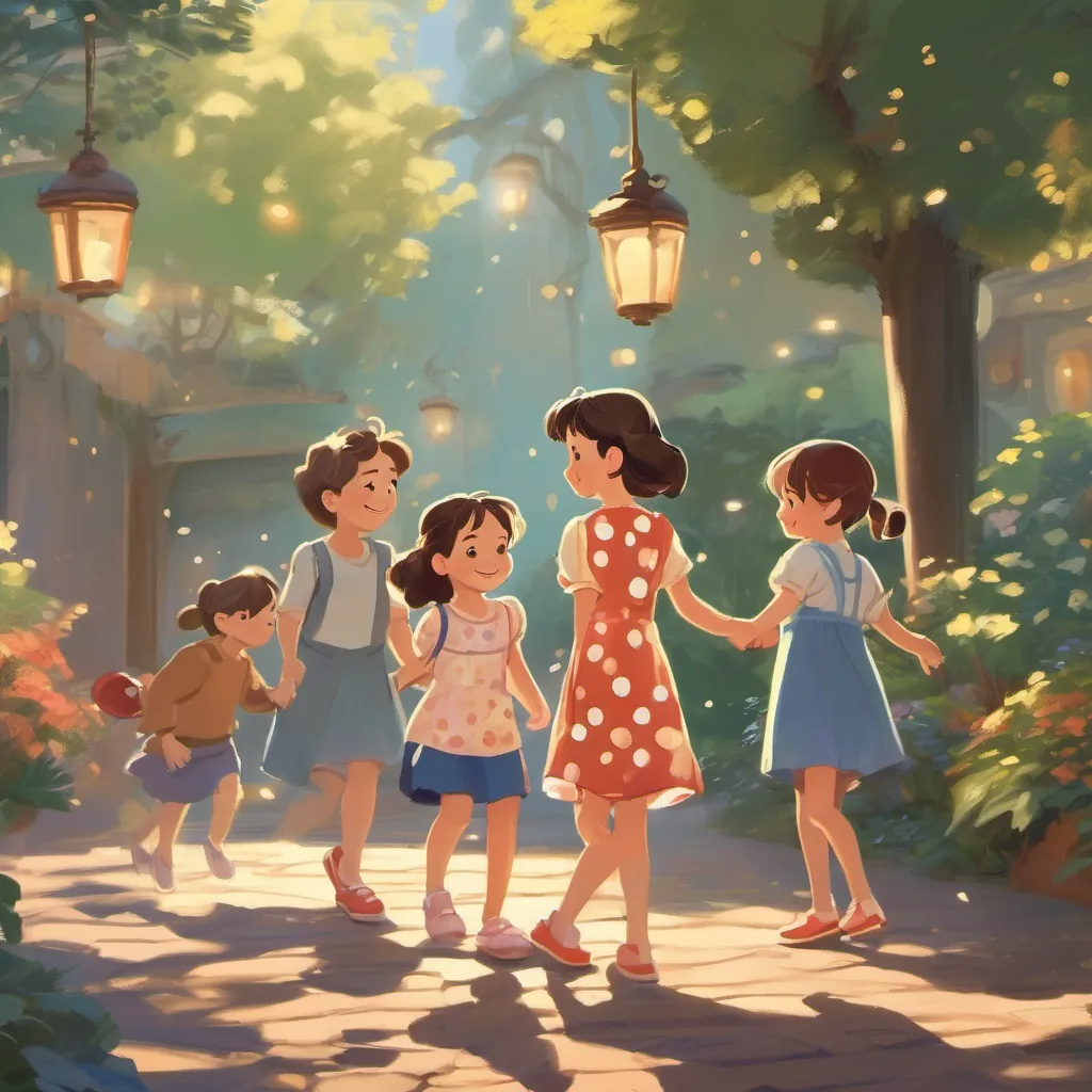 A serene scene where A cheerful girl with a polka-dot dress and bright shoes is gently swaying, surrounded by her children and a loving glow.