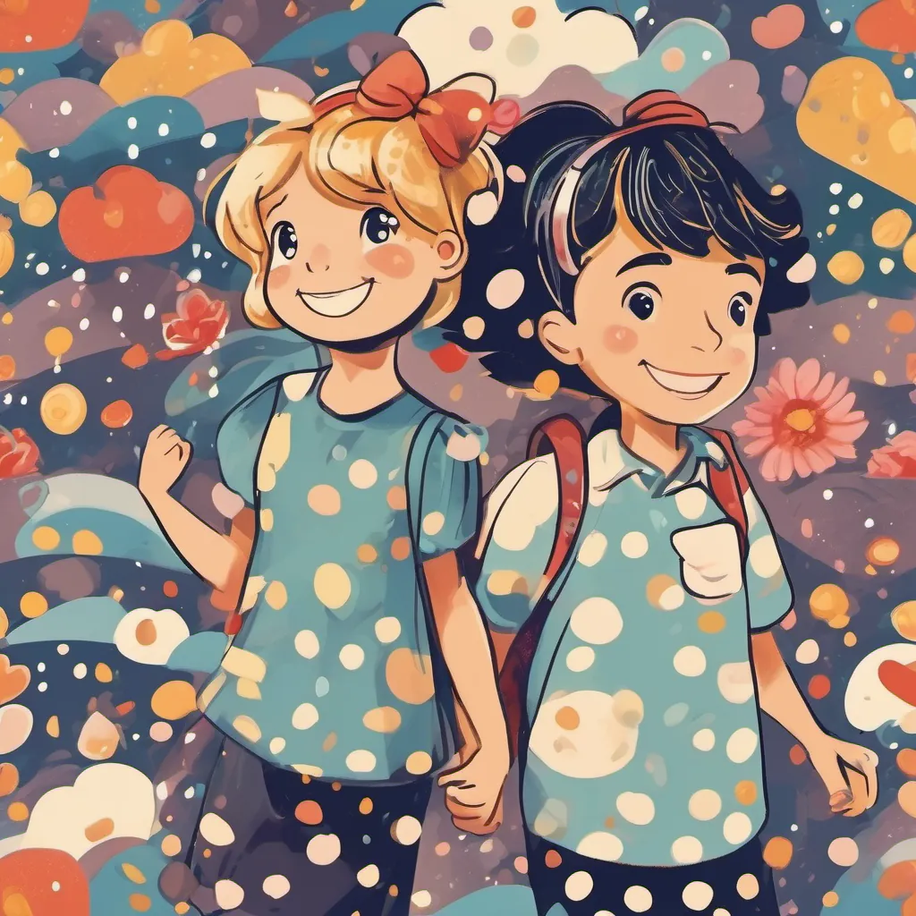 An image of A cheerful girl with a polka-dot dress and bright shoes, A boy with a cheerful expression, loving art, A bright-eyed child with a joyful smile, A serene child with a dreamy expression, and A shining child with a sparkling smile together in hearts and smiles, under both sun and rain.