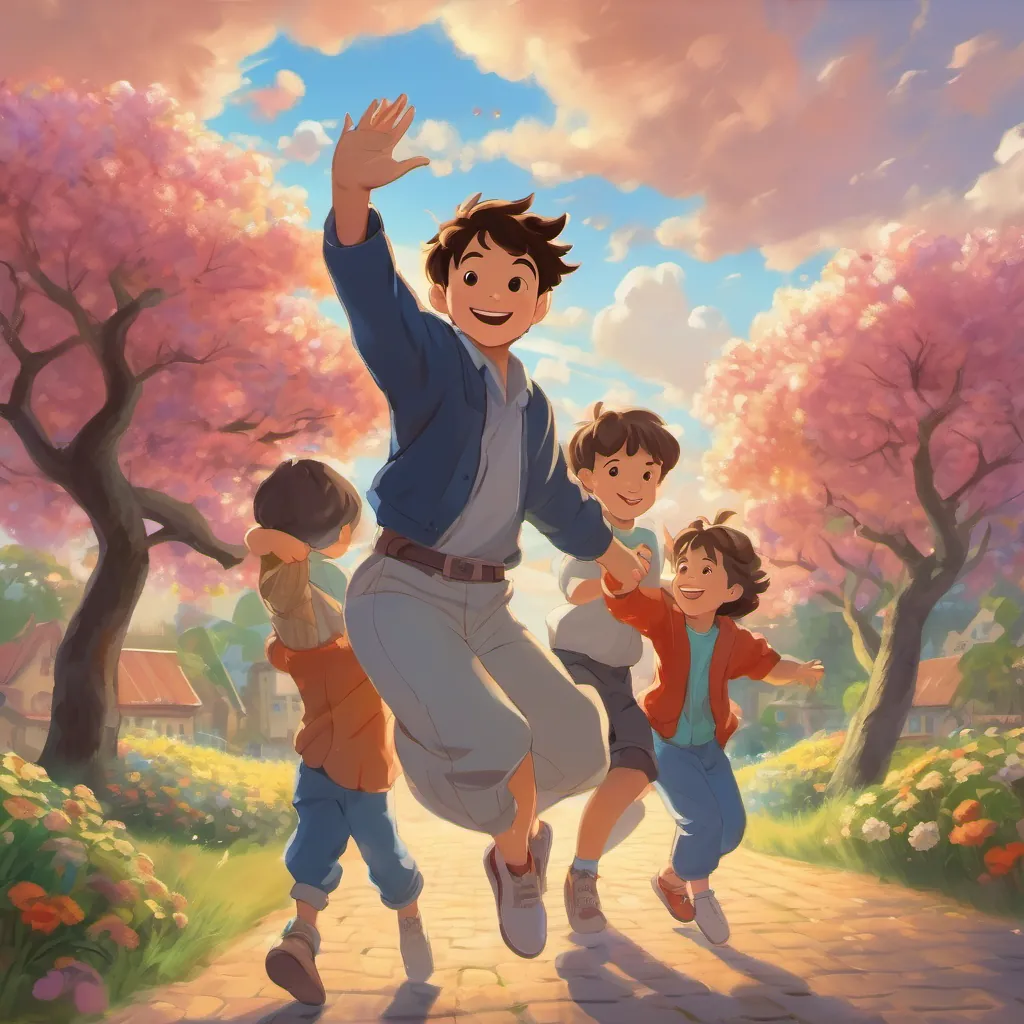 A boy with a cheerful expression, loving art and his children dancing under a cloudy, cheerful sky.