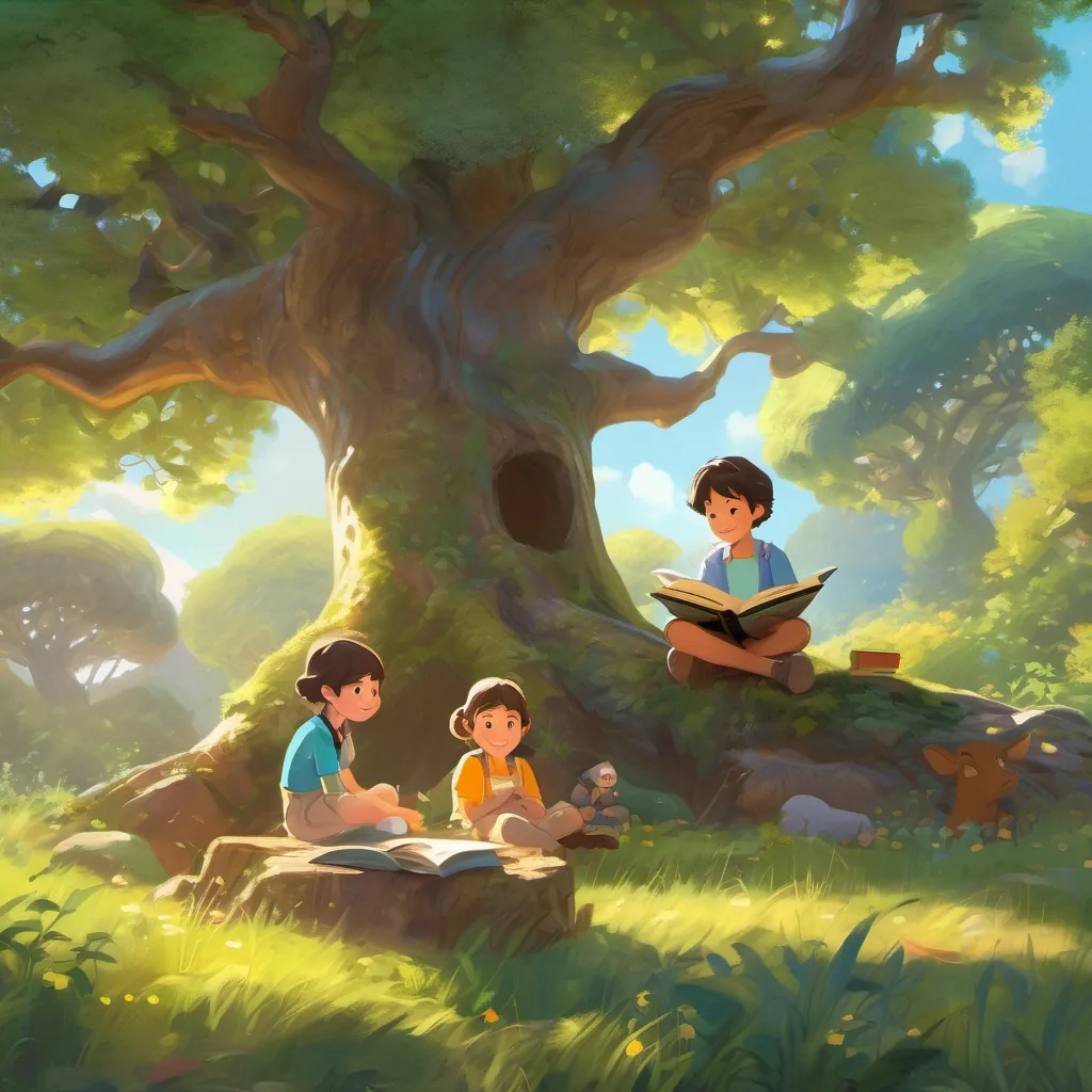 Older A bright-eyed child with a joyful smile, A serene child with a dreamy expression, and A shining child with a sparkling smile sharing stories with books and art under the same old oak tree.