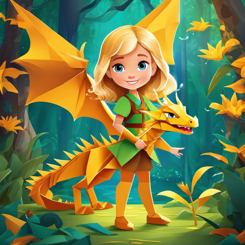 Lily: A 10-year-old girl with golden hair and a friendly smile. finds a baby dragon in the enchanted forest