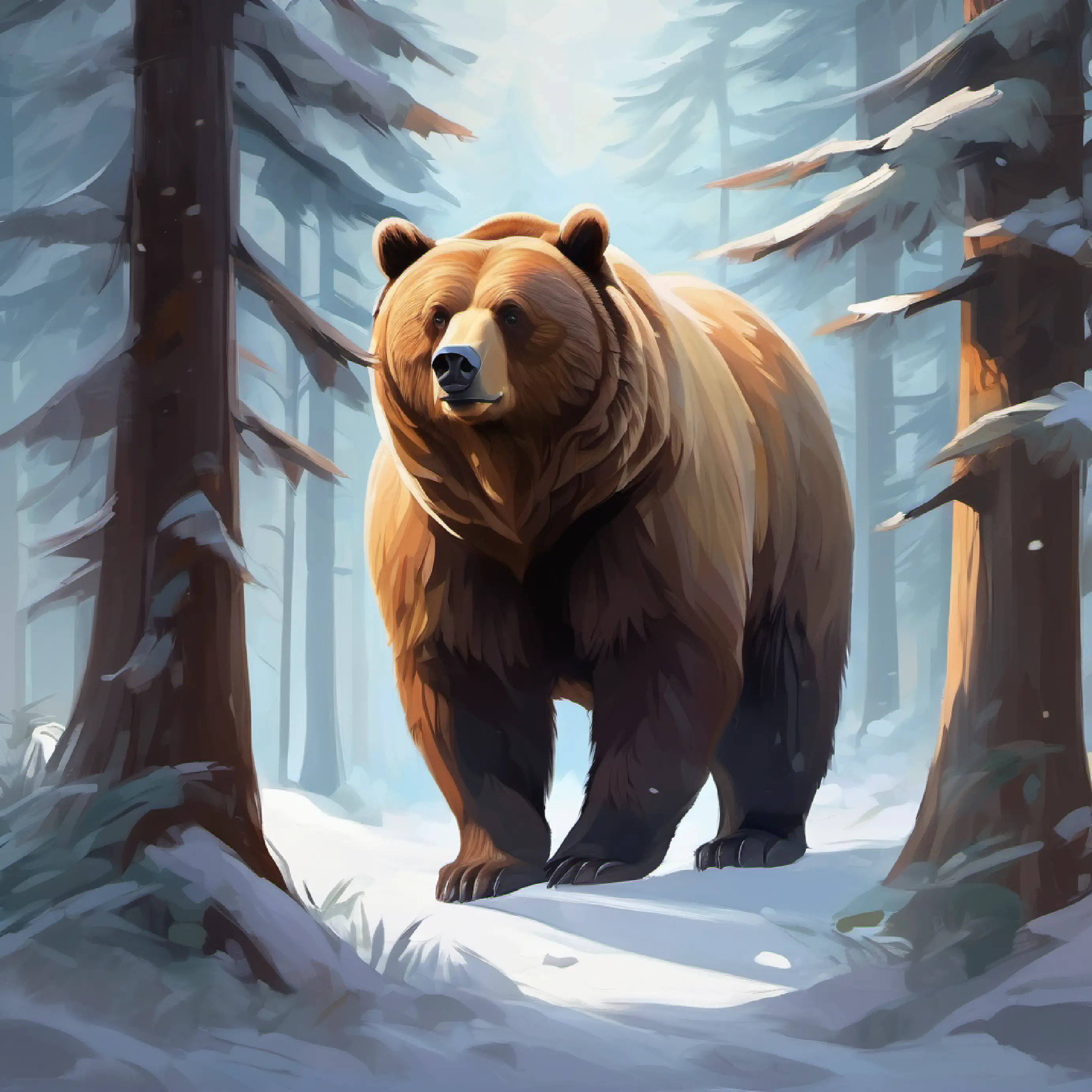 Introduces setting and character Large brown bear, dark eyes, once grumpy, now gentle and joyful in misty forest.