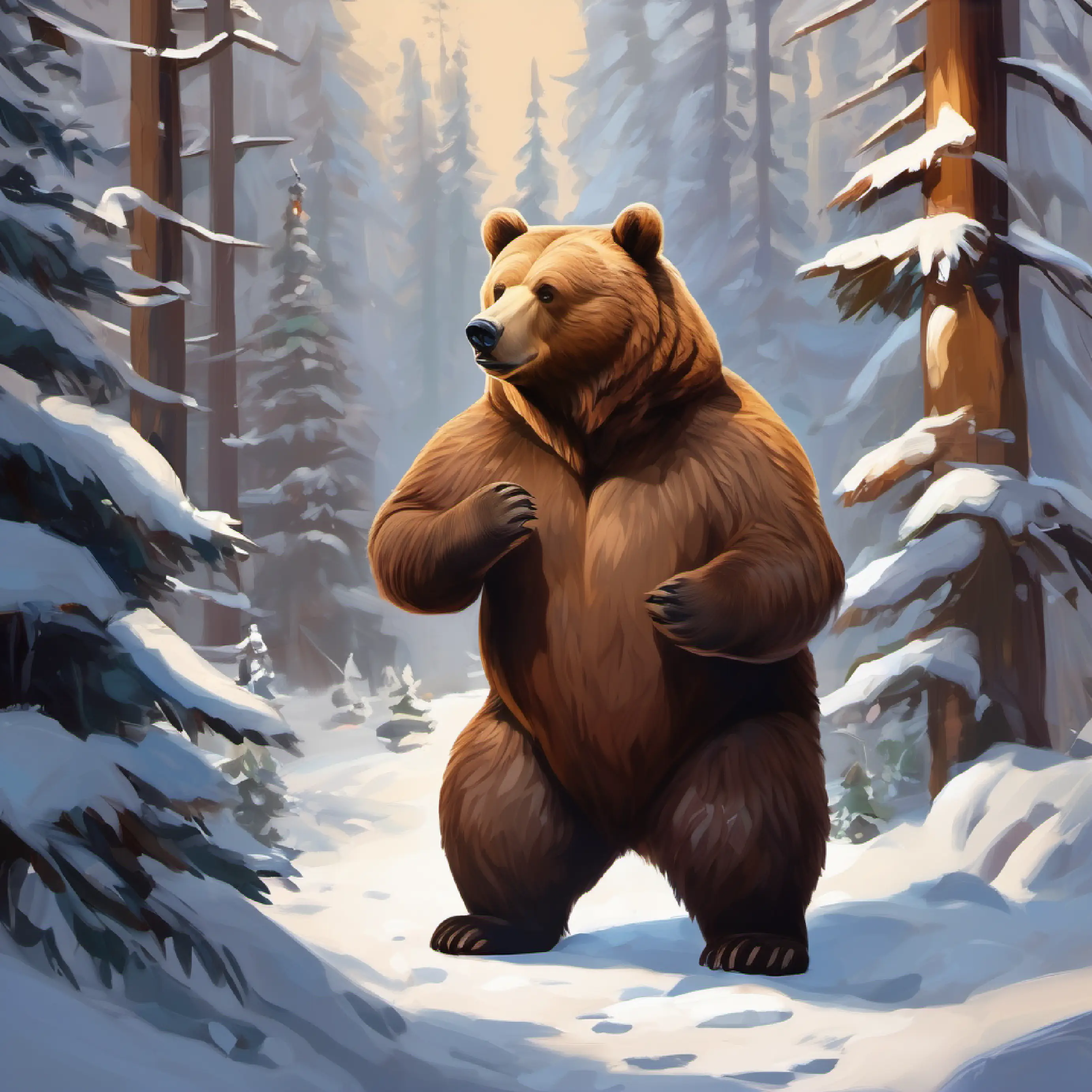 Explains Large brown bear, dark eyes, once grumpy, now gentle and joyful's impact on forest inhabitants.