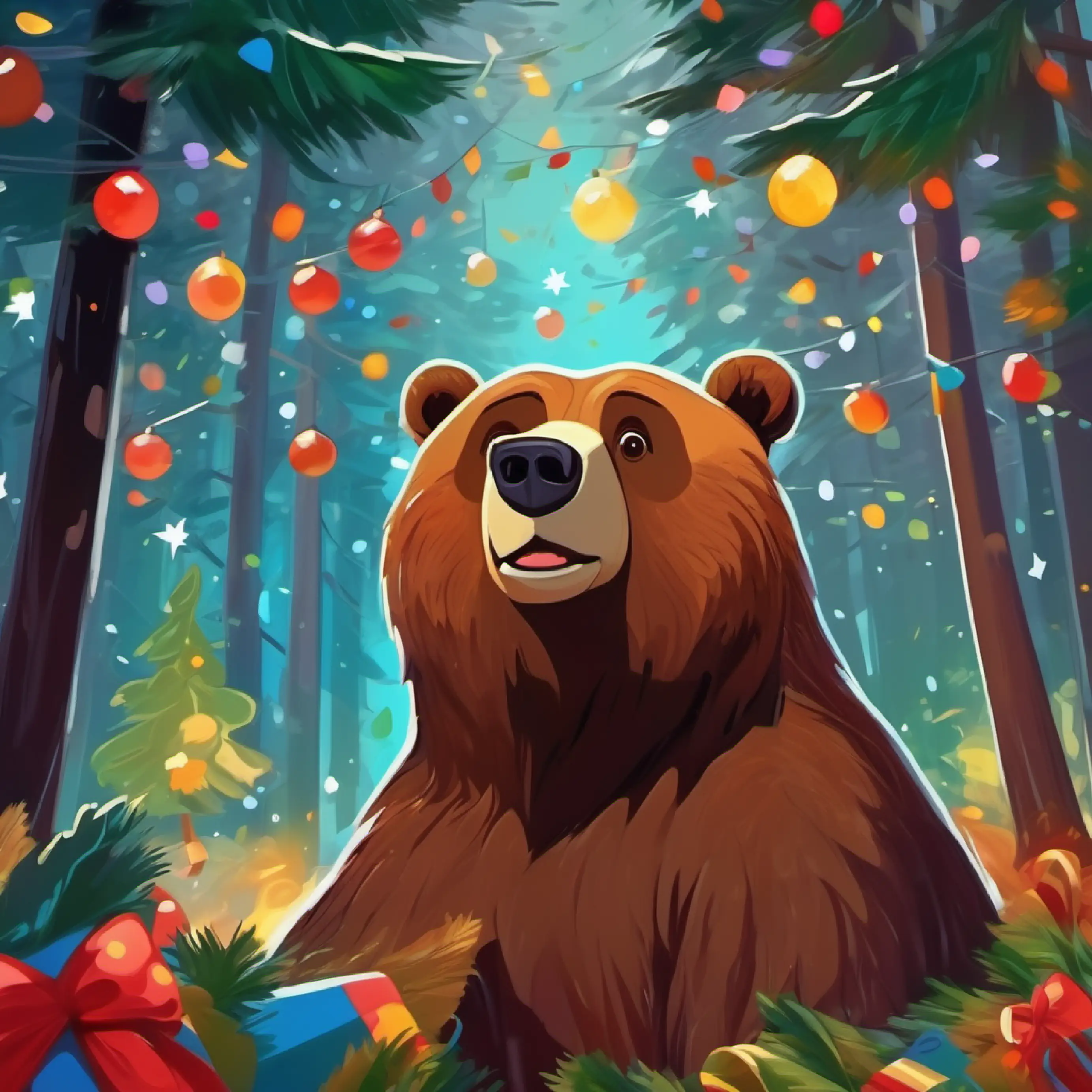 Celebration in forest, Large brown bear, dark eyes, once grumpy, now gentle and joyful's story becomes legend.