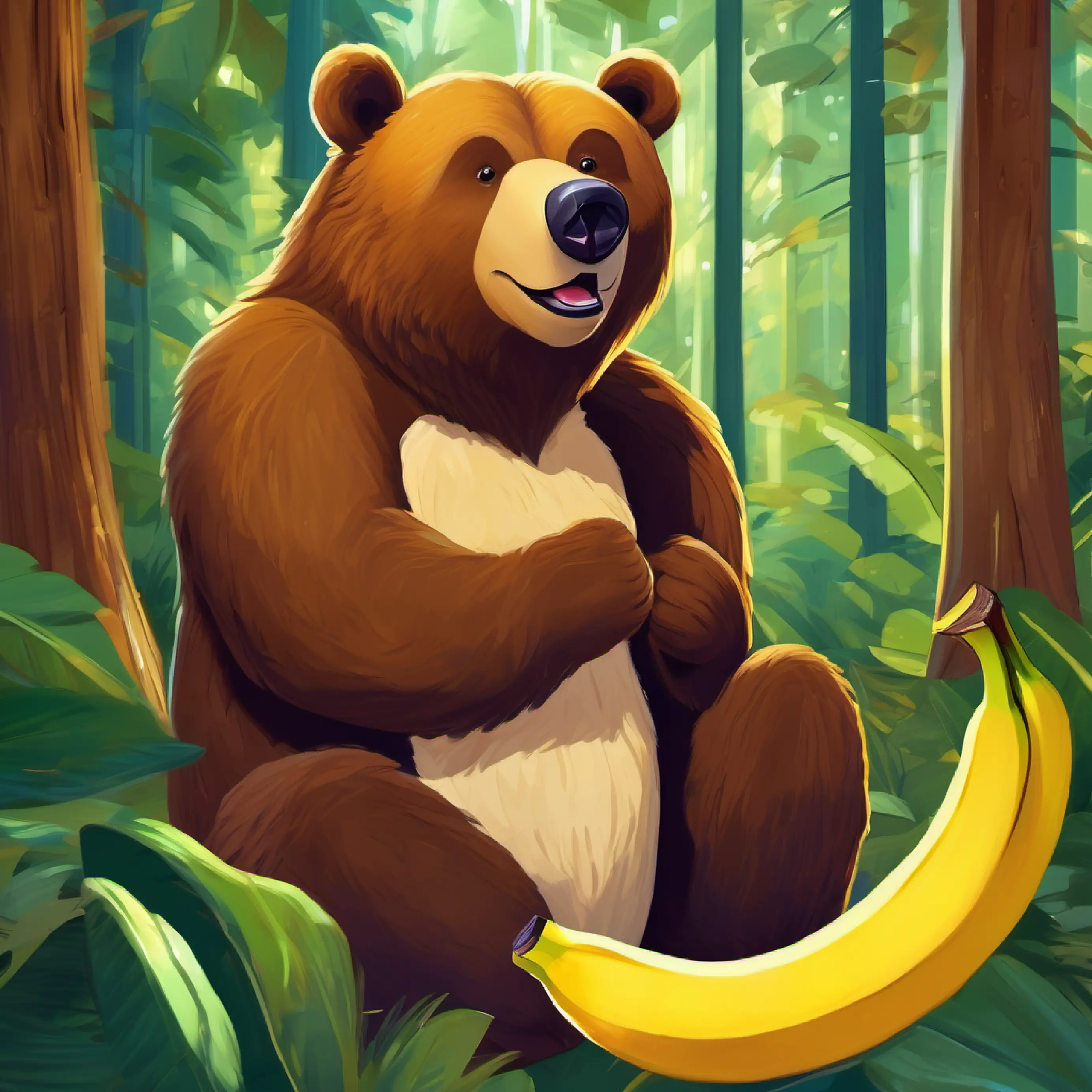 Large brown bear, dark eyes, once grumpy, now gentle and joyful discovers a banana in the forest.