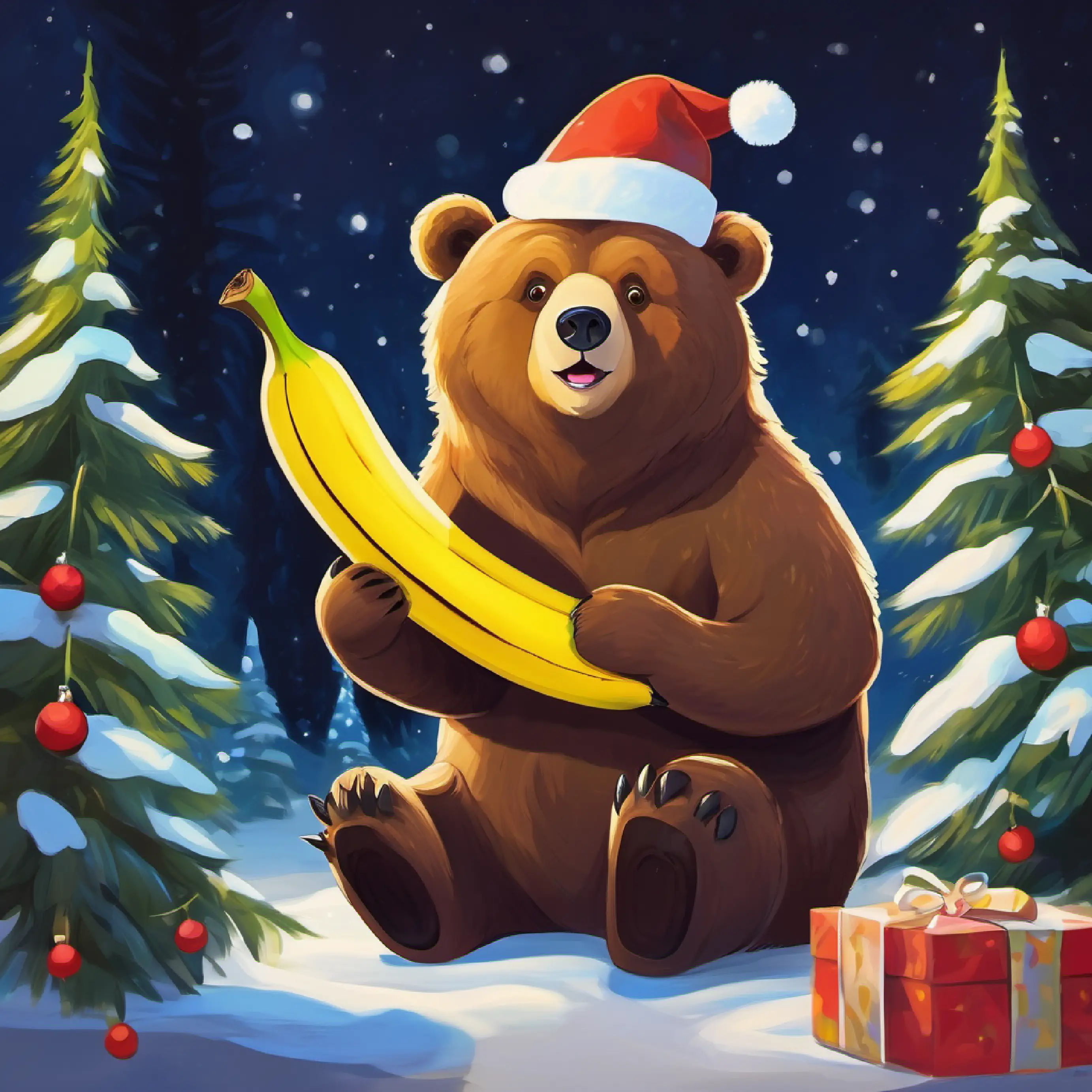 Large brown bear, dark eyes, once grumpy, now gentle and joyful examines the shimmering banana.