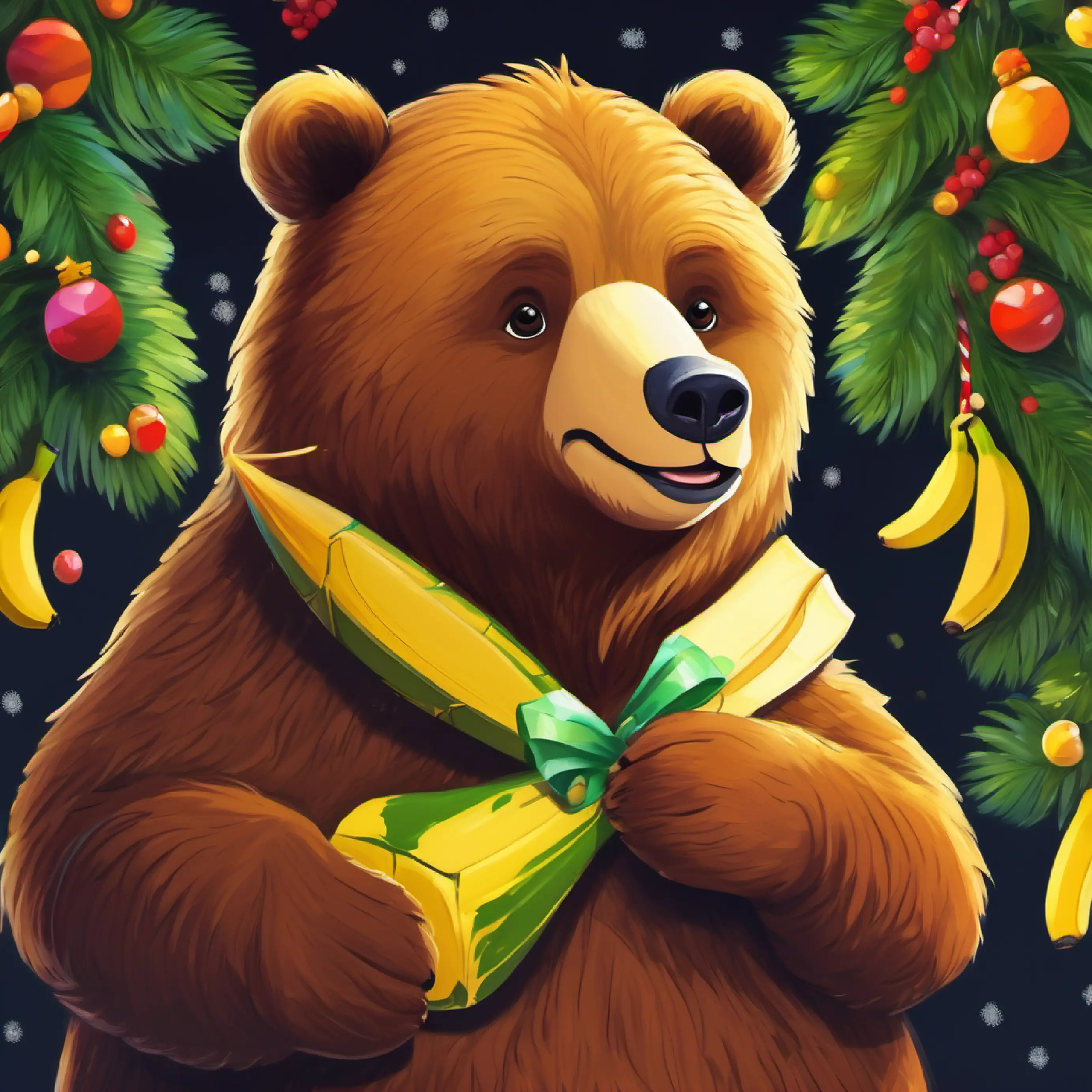 Large brown bear, dark eyes, once grumpy, now gentle and joyful eats the banana and feels a change.