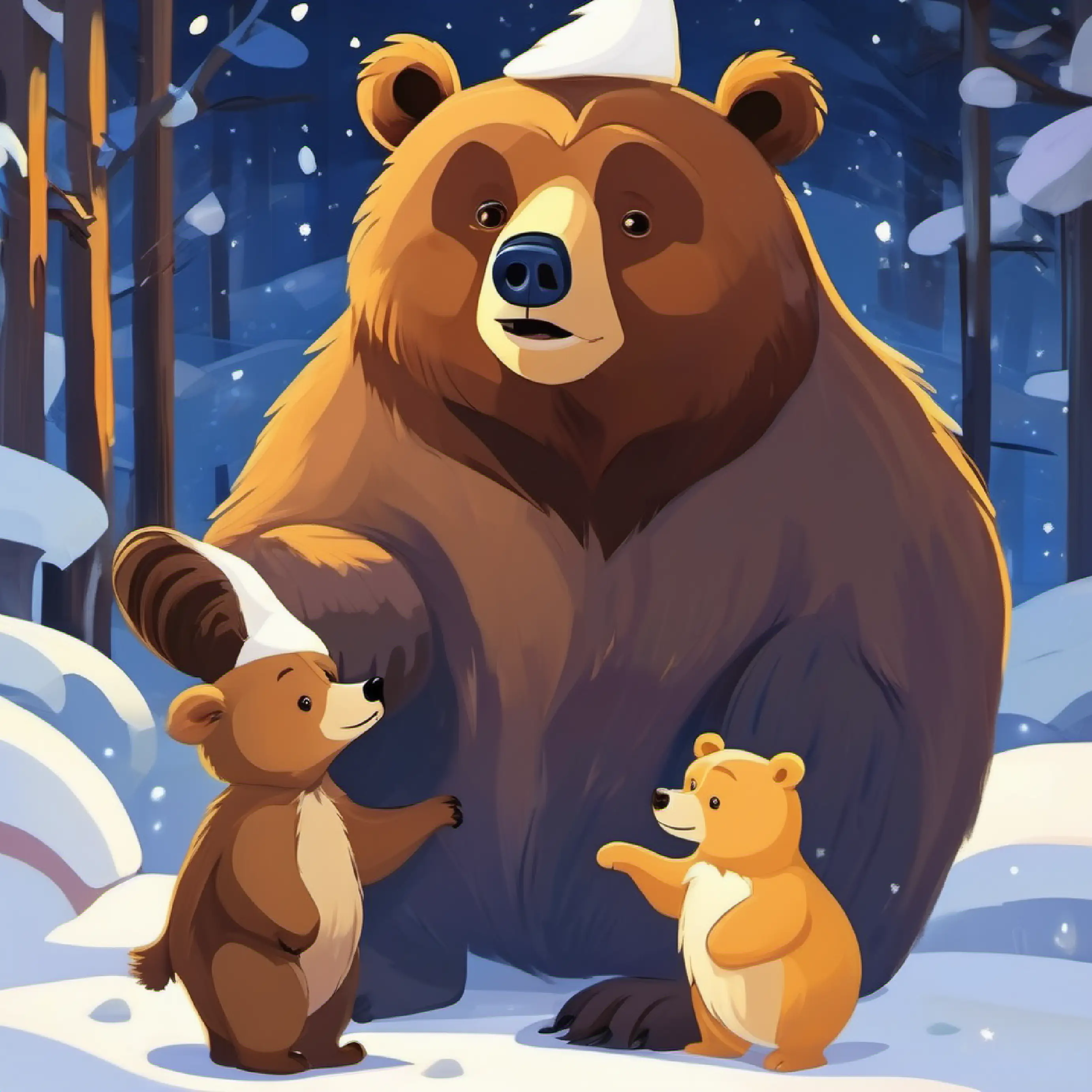 Animals observe a gentler Large brown bear, dark eyes, once grumpy, now gentle and joyful post-banana.