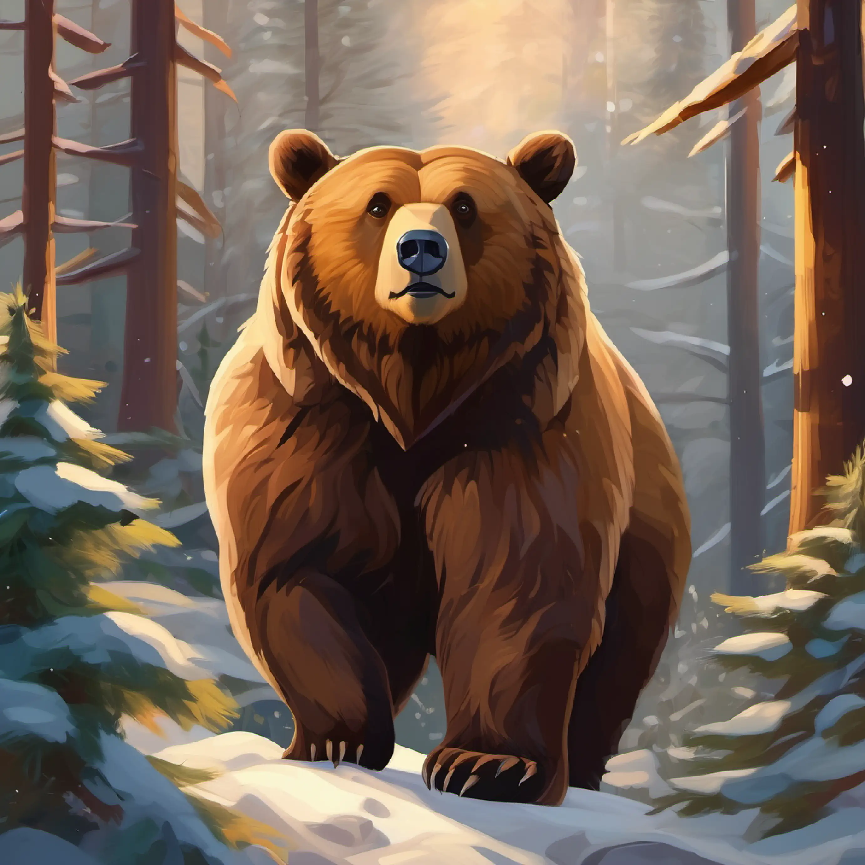 Large brown bear, dark eyes, once grumpy, now gentle and joyful's new demeanor, helps forest creatures.
