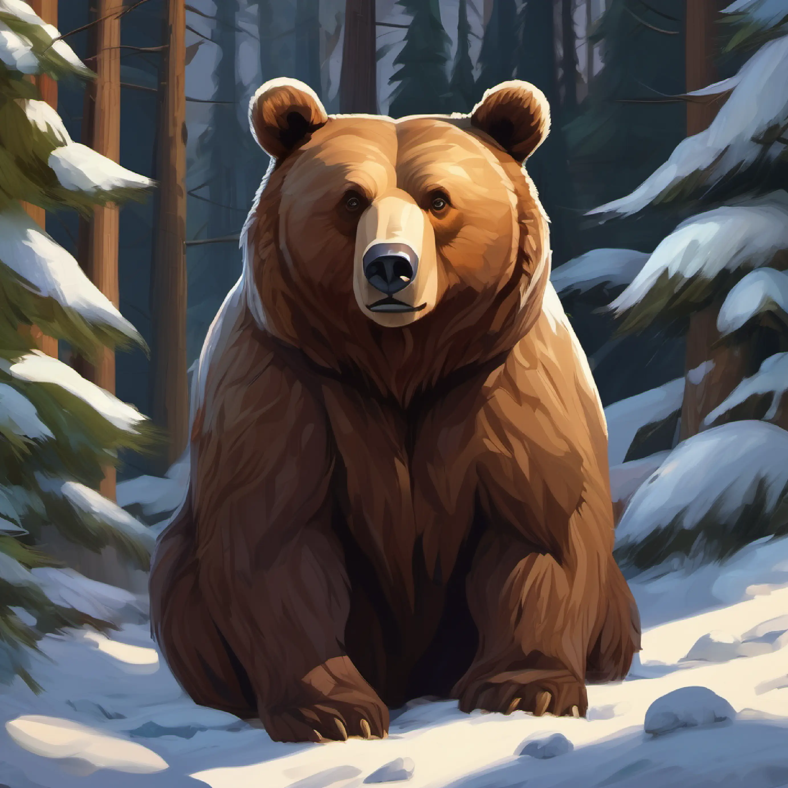Large brown bear, dark eyes, once grumpy, now gentle and joyful's transformation becomes permanent, forest prospers.