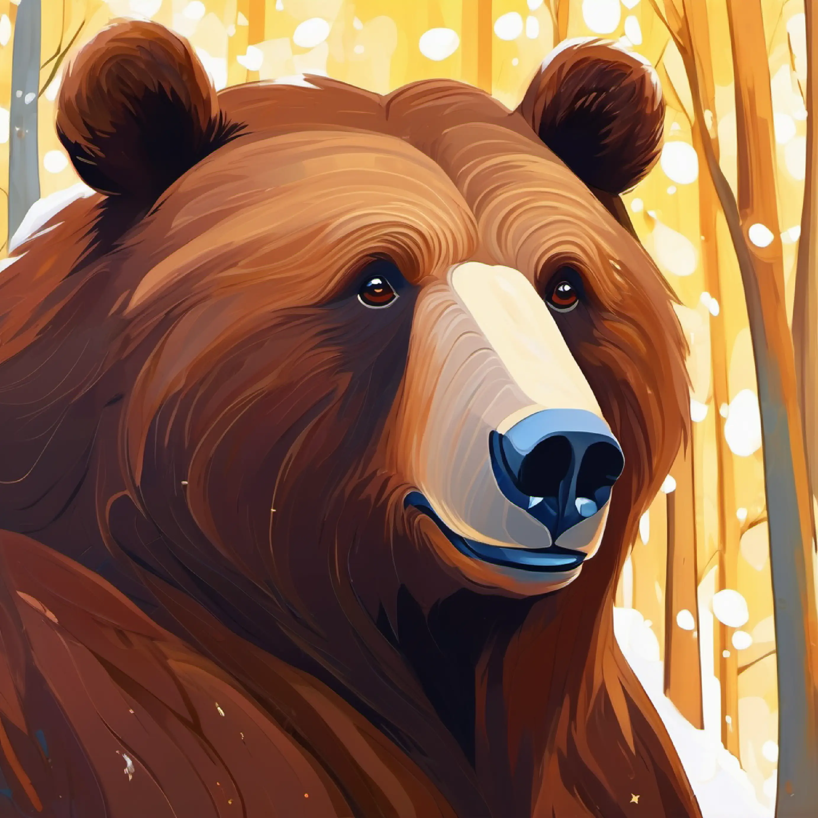 Large brown bear, dark eyes, once grumpy, now gentle and joyful reflects on inner change and choices.