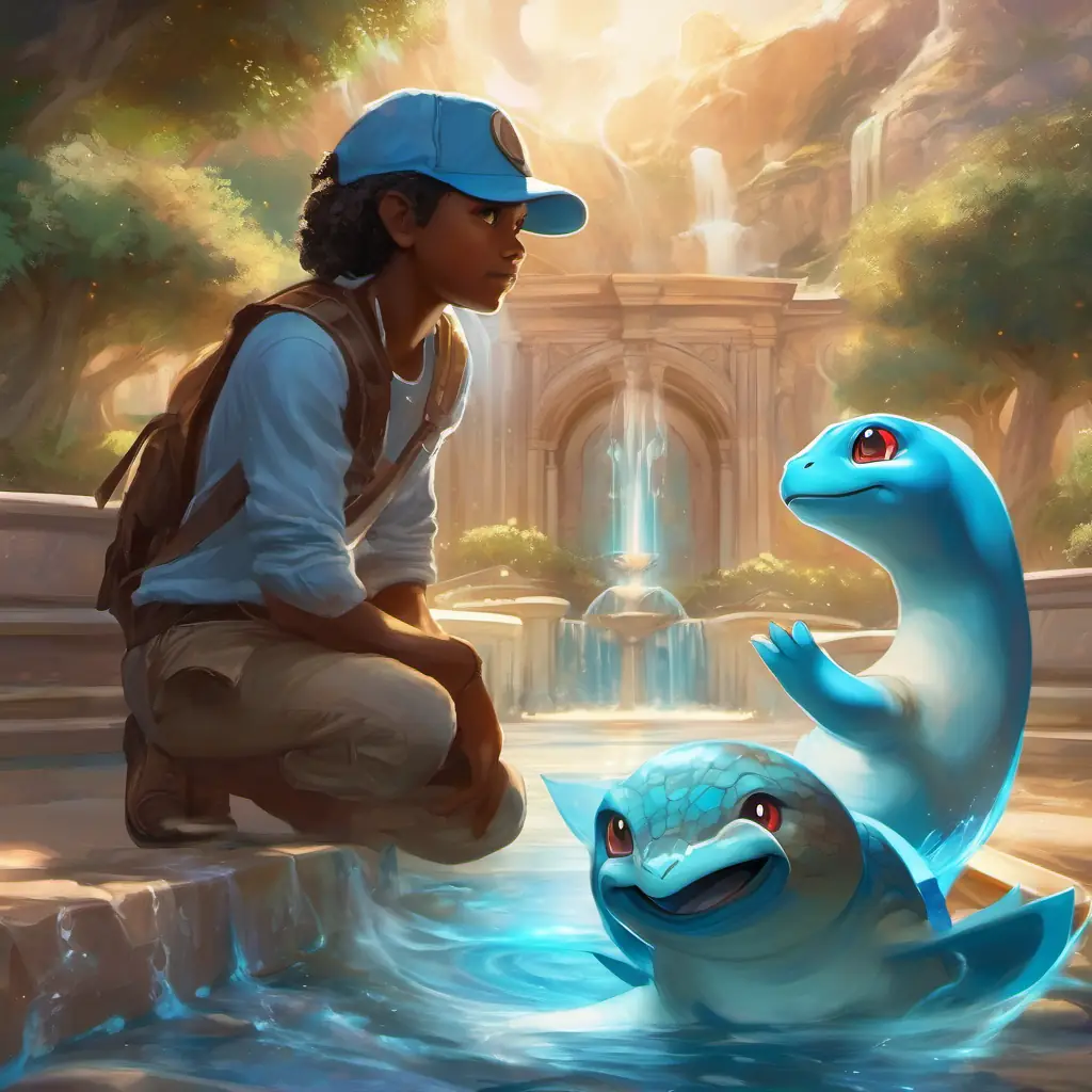 Valiente, pelo negro, ojos azules, atleta del grupo and Inteligente, rubio, ojos marrones, gorra de beísbol catch Squirtle by the fountain.