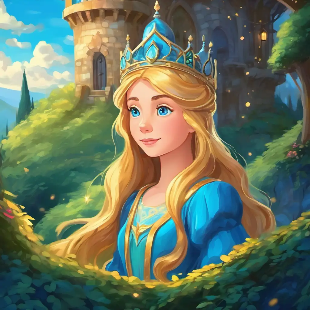 Golden hair, sparkling blue eyes, adventurous and caring princess in her castle, dreaming of adventures in the enchanted forest.