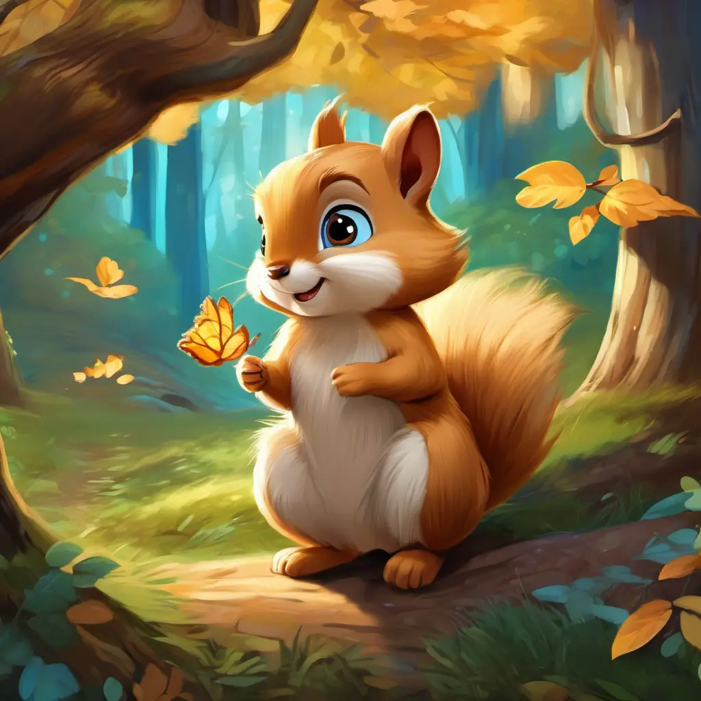 Golden hair, sparkling blue eyes, adventurous and caring princess meeting Soft brown fur, bright curious eyes, talking squirrel, the talking squirrel, in the enchanted forest.