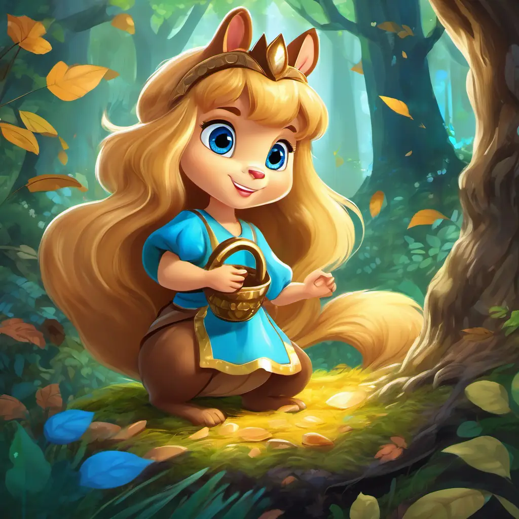 Golden hair, sparkling blue eyes, adventurous and caring princess and Soft brown fur, bright curious eyes, talking squirrel discovering the hidden treasure in the enchanted forest.