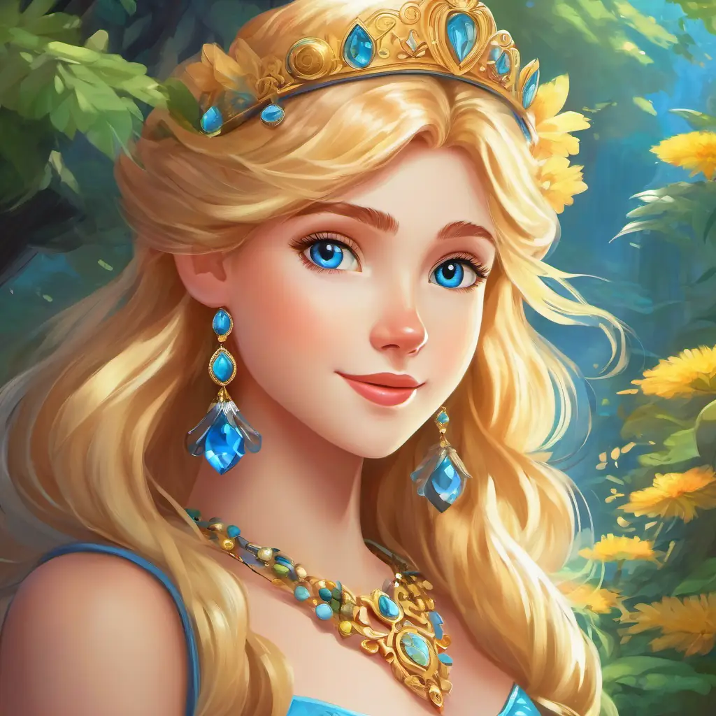 Golden hair, sparkling blue eyes, adventurous and caring princess wearing the magical necklace and understanding the language of animals.