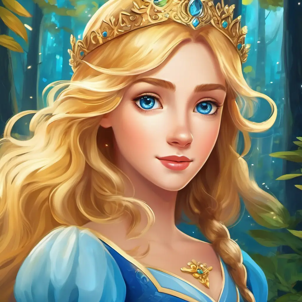 Golden hair, sparkling blue eyes, adventurous and caring princess as the protector of the enchanted forest, living her dreams.