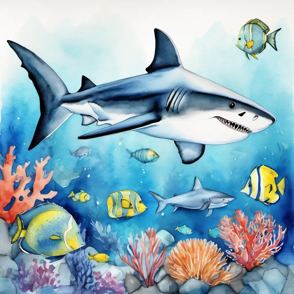 Small shark, blue-gray skin, friendly eyes, always smiling the shark near a vibrant reef with fish.