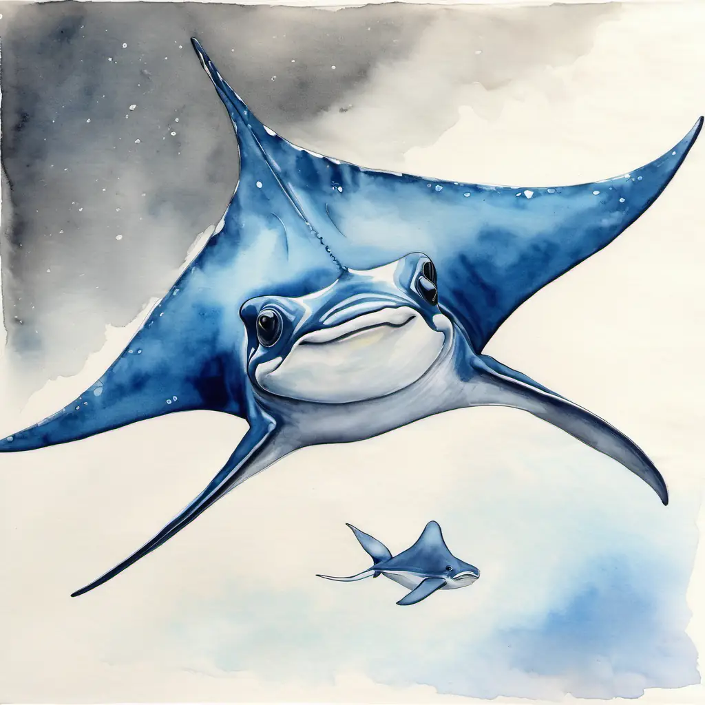 Large manta ray, dark back, white underbelly, kind, wise eyes the Manta encouraging Small shark, blue-gray skin, friendly eyes, always smiling.