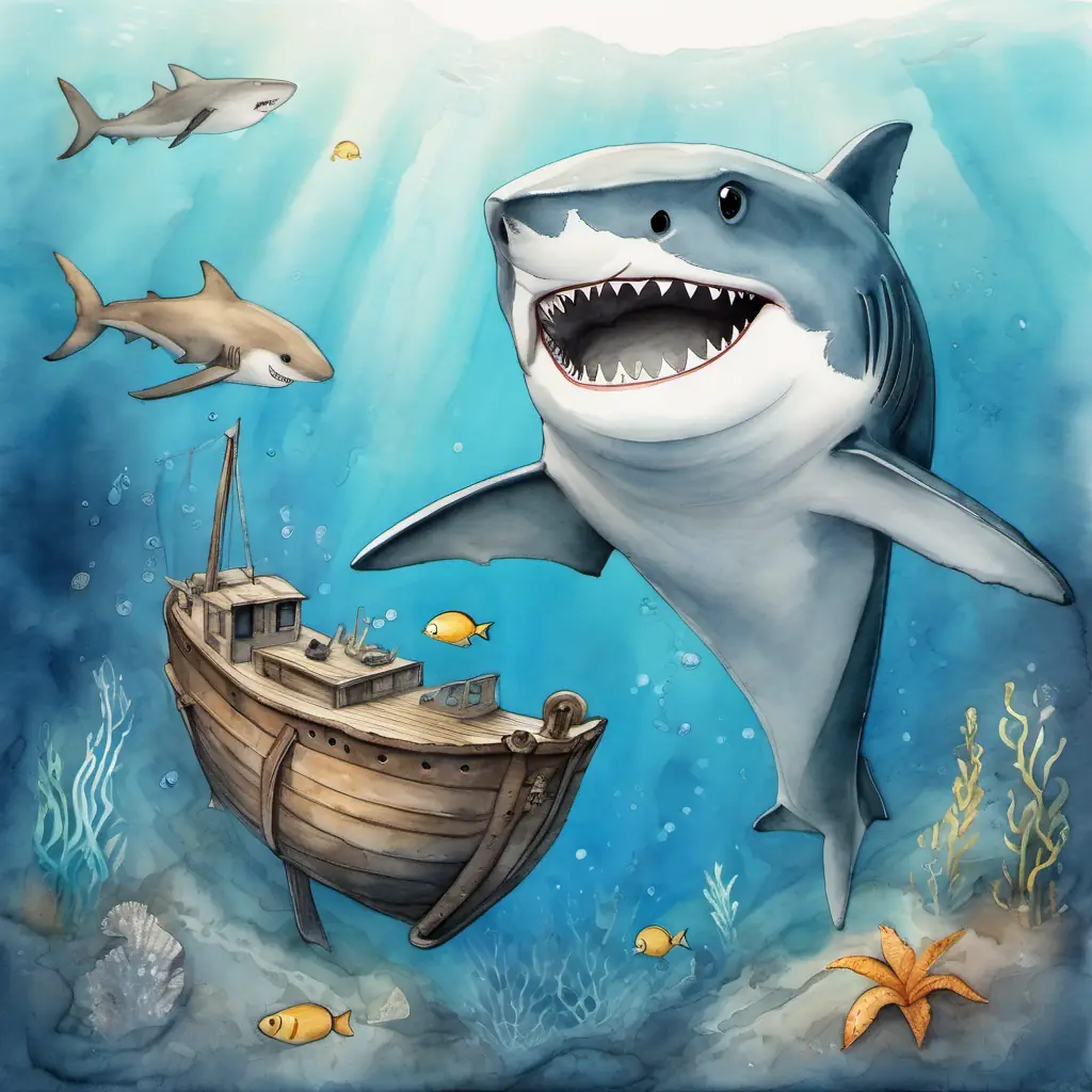 Small shark, blue-gray skin, friendly eyes, always smiling discovering a shipwreck and treasure.