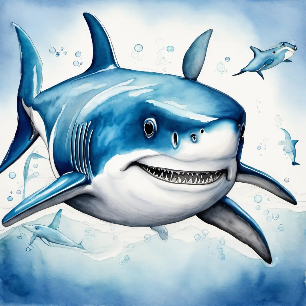 Small shark, blue-gray skin, friendly eyes, always smiling swimming with playful dolphins.