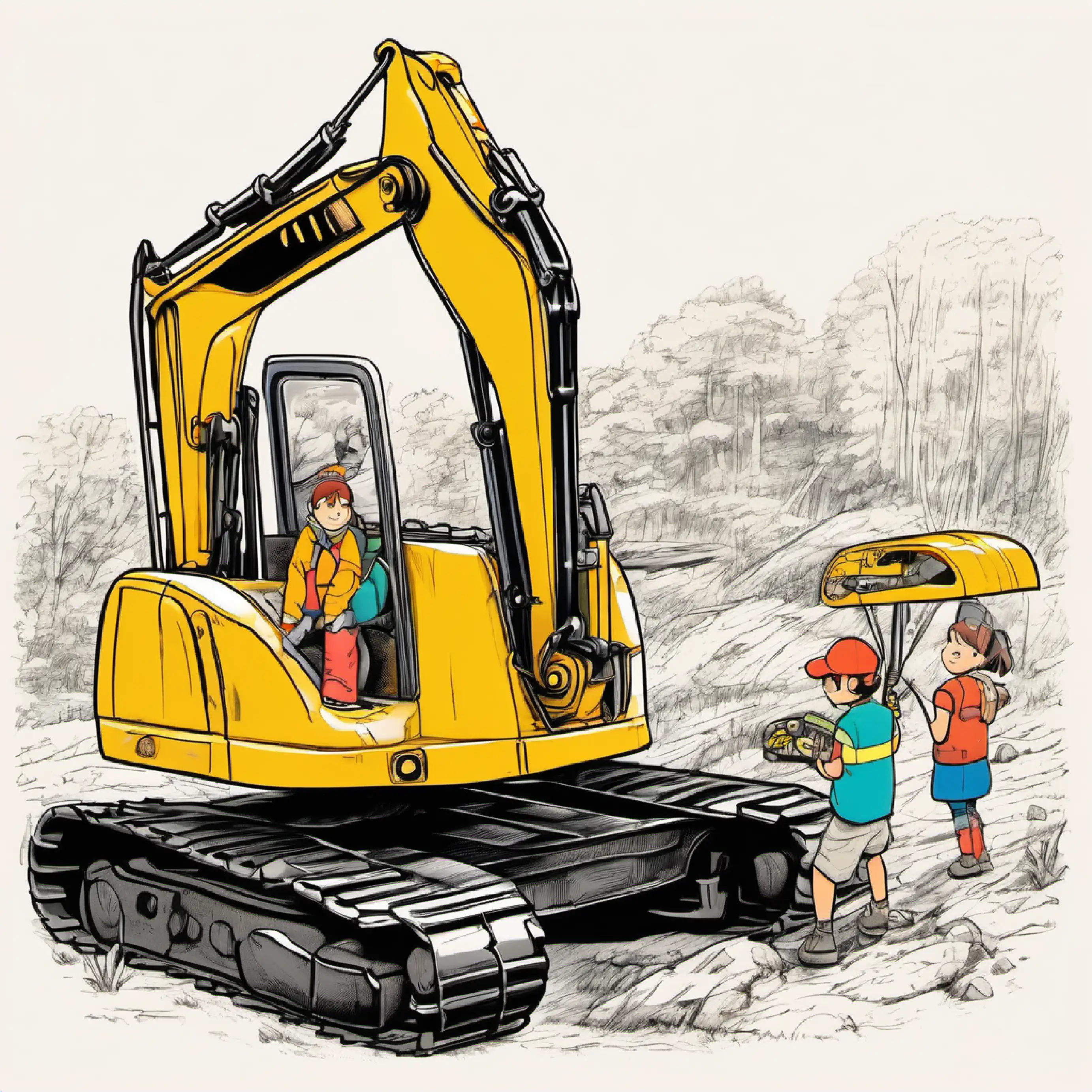 Friends taking turns on the excavator, having fun.