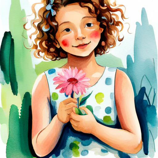 Curly-haired girl wearing a colorful dress, holding a flower holding a flower and smiling