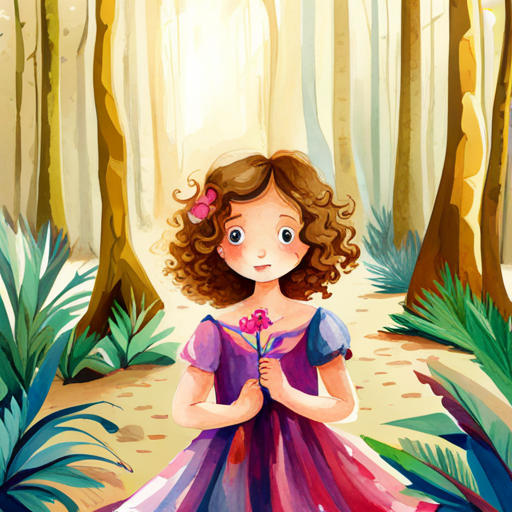 Curly-haired girl wearing a colorful dress, holding a flower exploring the forest, surrounded by trees and animals