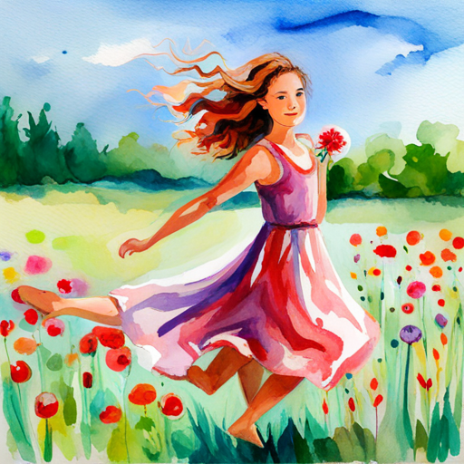 Curly-haired girl wearing a colorful dress, holding a flower running and jumping in a meadow with flowers