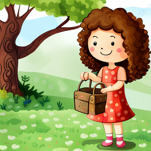 Curly-haired girl wearing a colorful dress, holding a flower climbing a tree and finding a treasure chest