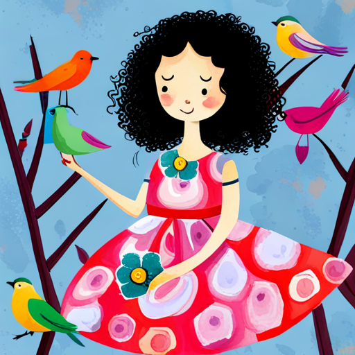 Curly-haired girl wearing a colorful dress, holding a flower sitting on a branch, surrounded by colorful birds