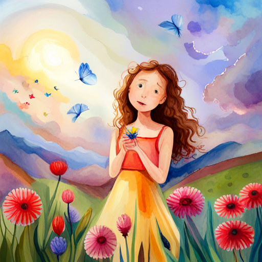 Curly-haired girl wearing a colorful dress, holding a flower sitting in a field with butterflies flying around her